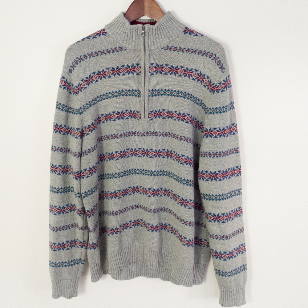 IZOD Men Gray Fair Isle 1/4 Quarter Zip Pullover Sweater Size XL Cotton